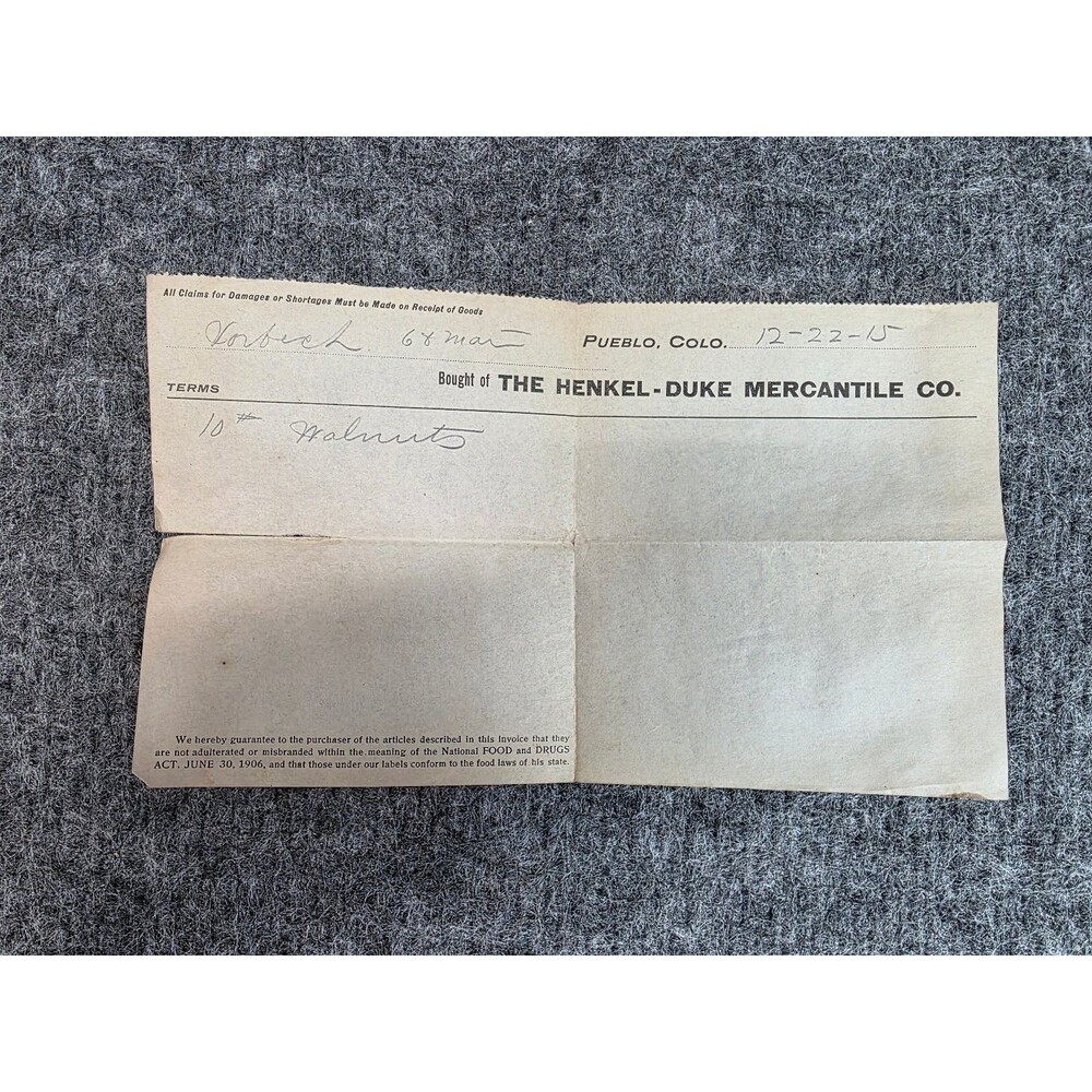 1915 Henkel-Duke Mercantile Co. Pueblo Colorado Invoice for Walnuts